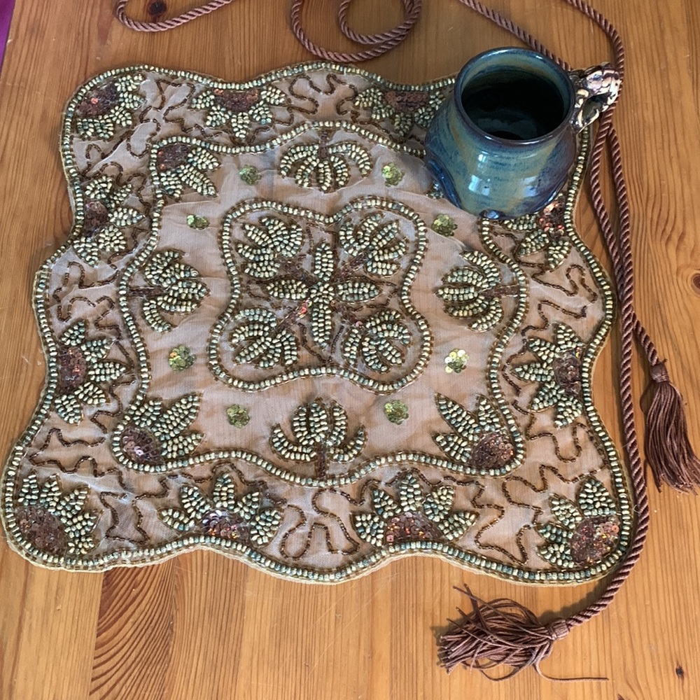 SALE!! Hand beaded table topper on tulle fabric with matching tassle
